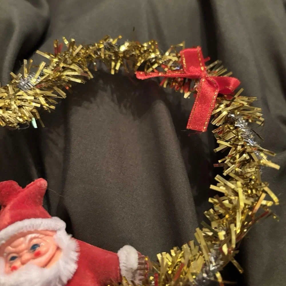 Vtg 1960s Flocked Dancing Santa Christmas Ornament Blow Mold Tinsel Door hanger‎
